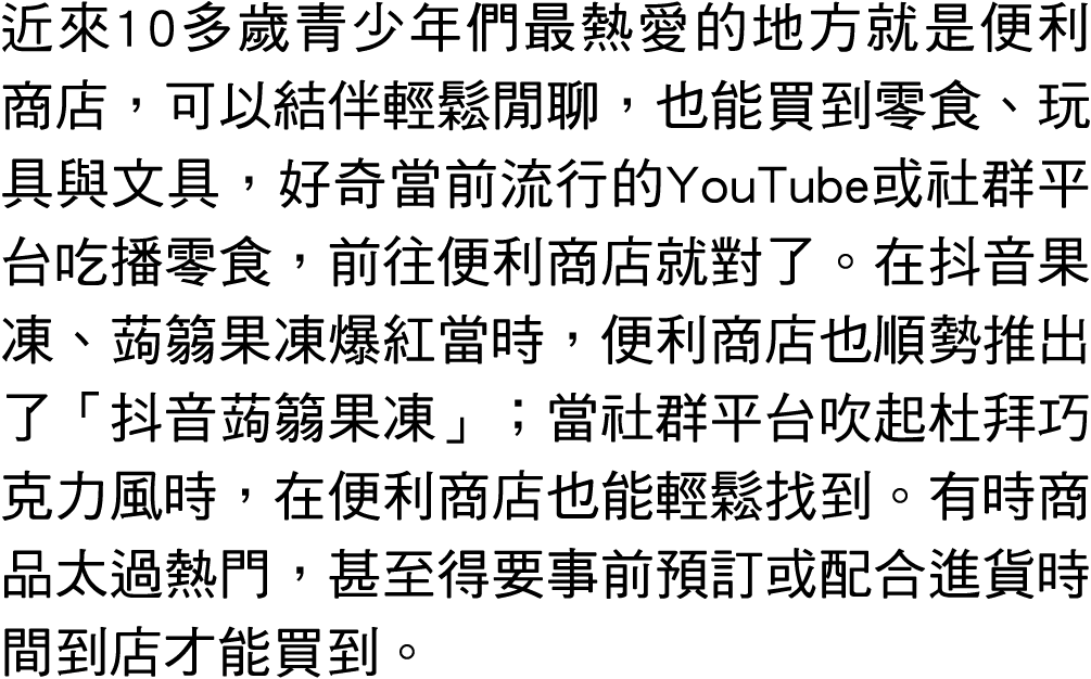 近來10多歲青少年們最熱愛的地方就是便利商店，可以結伴輕鬆閒聊，也能買到零食、玩具與文具，好奇當前流行的YouTube或社群平台吃播零食，前往便利商店就對了。在抖音果凍、蒟篛果凍爆紅當時，便利商店也順勢推出了「抖音蒟篛果凍」；當社群平...