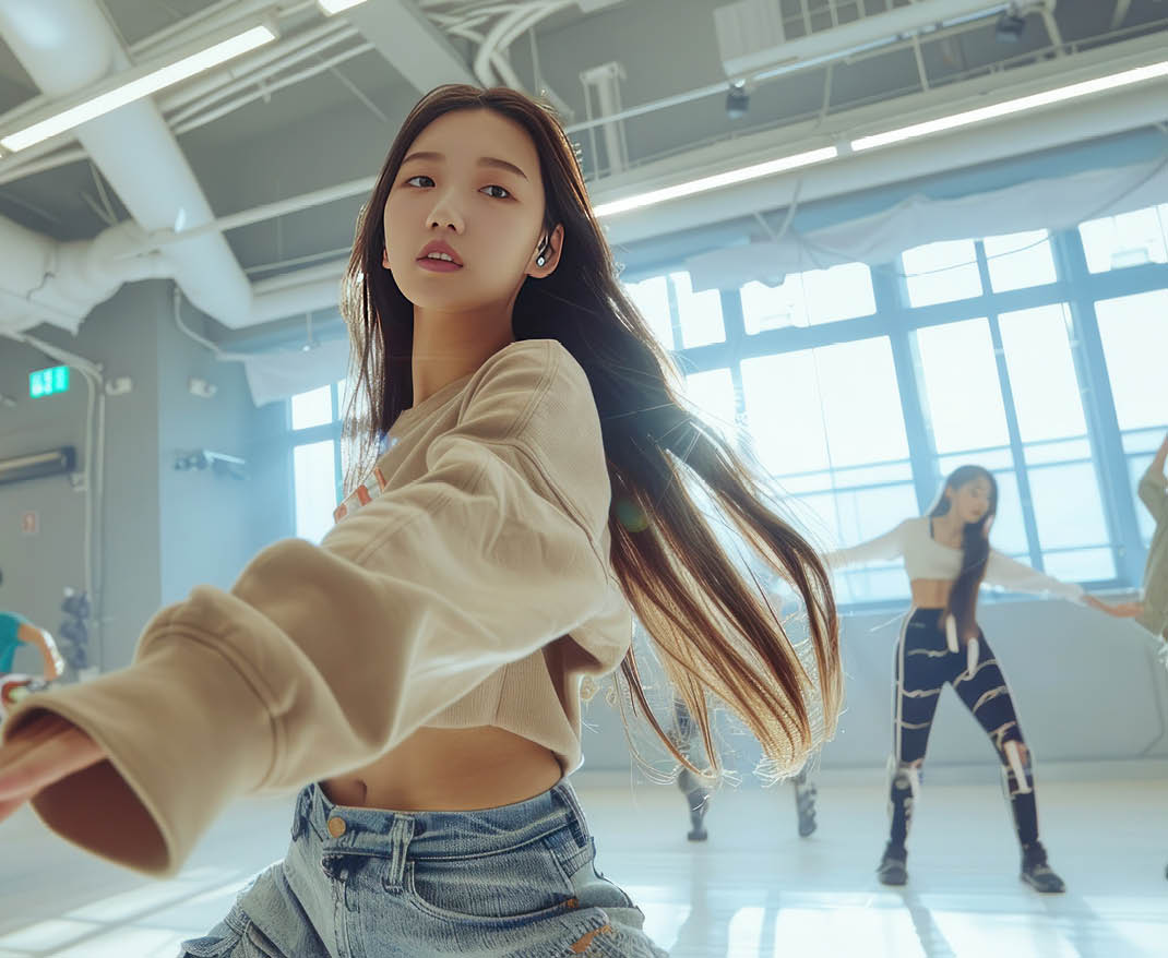beautiful female k-pop idol who are practicing dance in the dance studio in comfortable outfits.