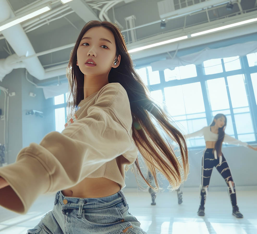 beautiful female k-pop idol who are practicing dance in the dance studio in comfortable outfits.