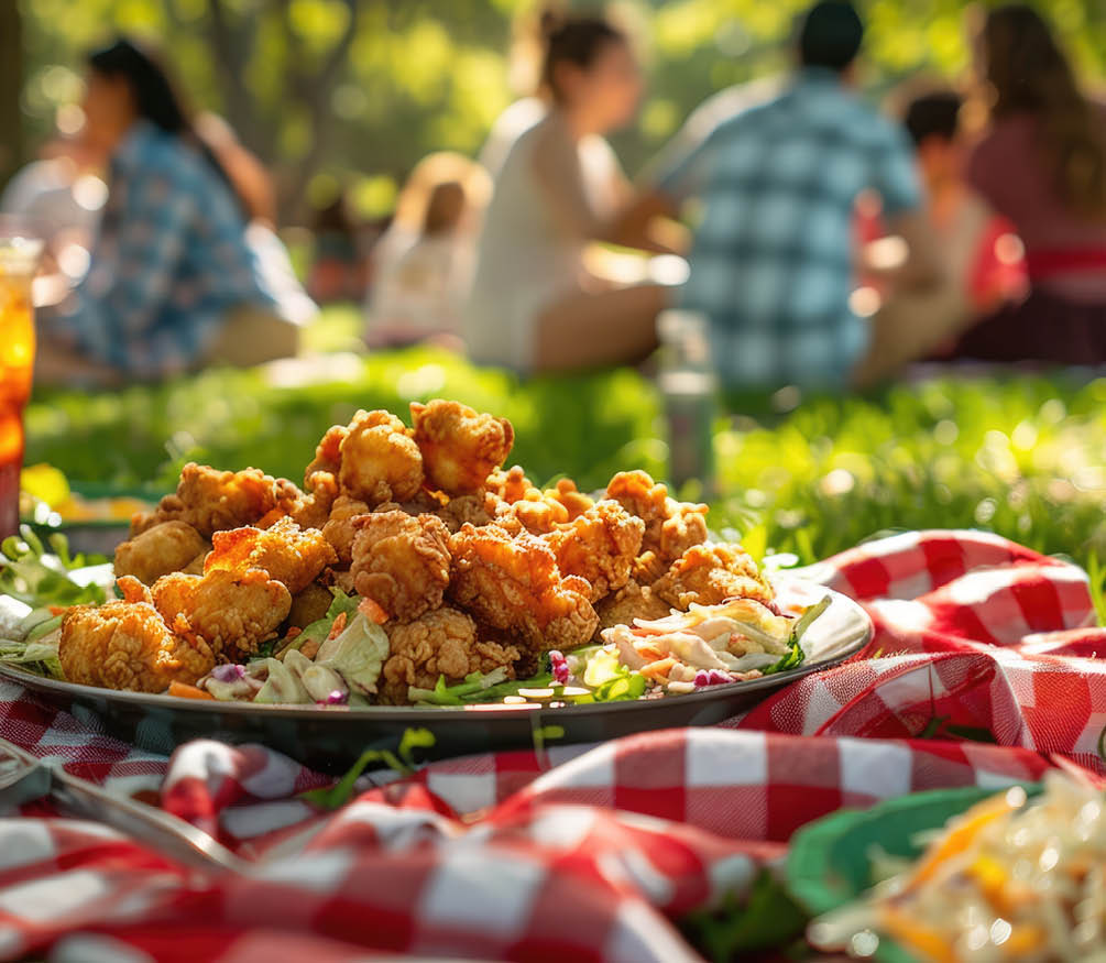 Fried chicken and iced drinks on picnic blanket with people in background. Outdoor picnic scene with red and white checkered cloth. Summer picnic concept