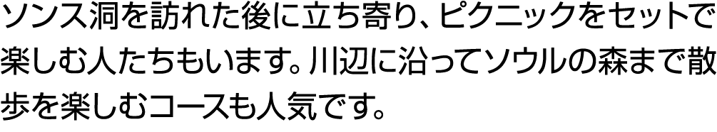 ソンス洞を訪れた後に立ち寄り、ピクニックをセットで楽しむ人たちもいます。川辺に沿ってソウルの森まで散歩を楽しむコースも人気です。