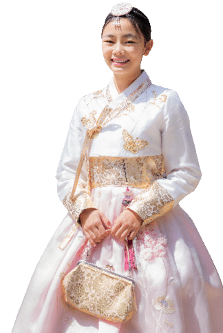 Korean lady in hanbok dress costume smile in an ancient Gyeongbokgung palace in Seoul city, South Korea, this image can use for travel, and tourist Seoul.