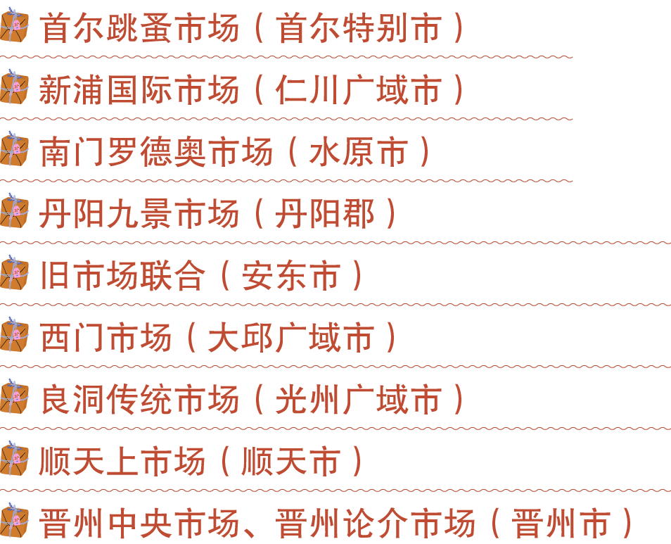 ￼ 首尔跳蚤市场（首尔特别市） ￼ 新浦国际市场（仁川广域市） ￼ 南门罗德奥市场（水原市） ￼ 丹阳九景市场（丹阳郡） ￼ 旧市场联合（安东市） ￼ 西门市场（大邱广域市） ￼ 良洞传统市场（光州广域市） ￼ 顺天上市场（顺天市） ...