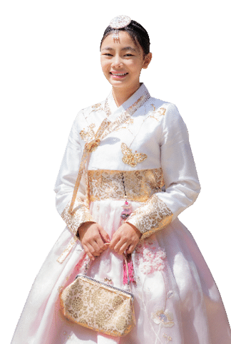 Korean lady in hanbok dress costume smile in an ancient Gyeongbokgung palace in Seoul city, South Korea, this image can use for travel, and tourist Seoul.