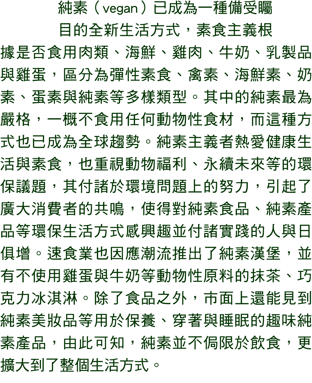 純素（vegan）已成為一種備受矚目的全新生活方式，素食主義根據是否食用肉類、海鮮、雞肉、牛奶、乳製品與雞蛋，區分為彈性素食、禽素、海鮮素、奶素、蛋素與純素等多樣類型。其中的純素最為嚴格，一概不食用任何動物性食材，而這種方式也已成為全...
