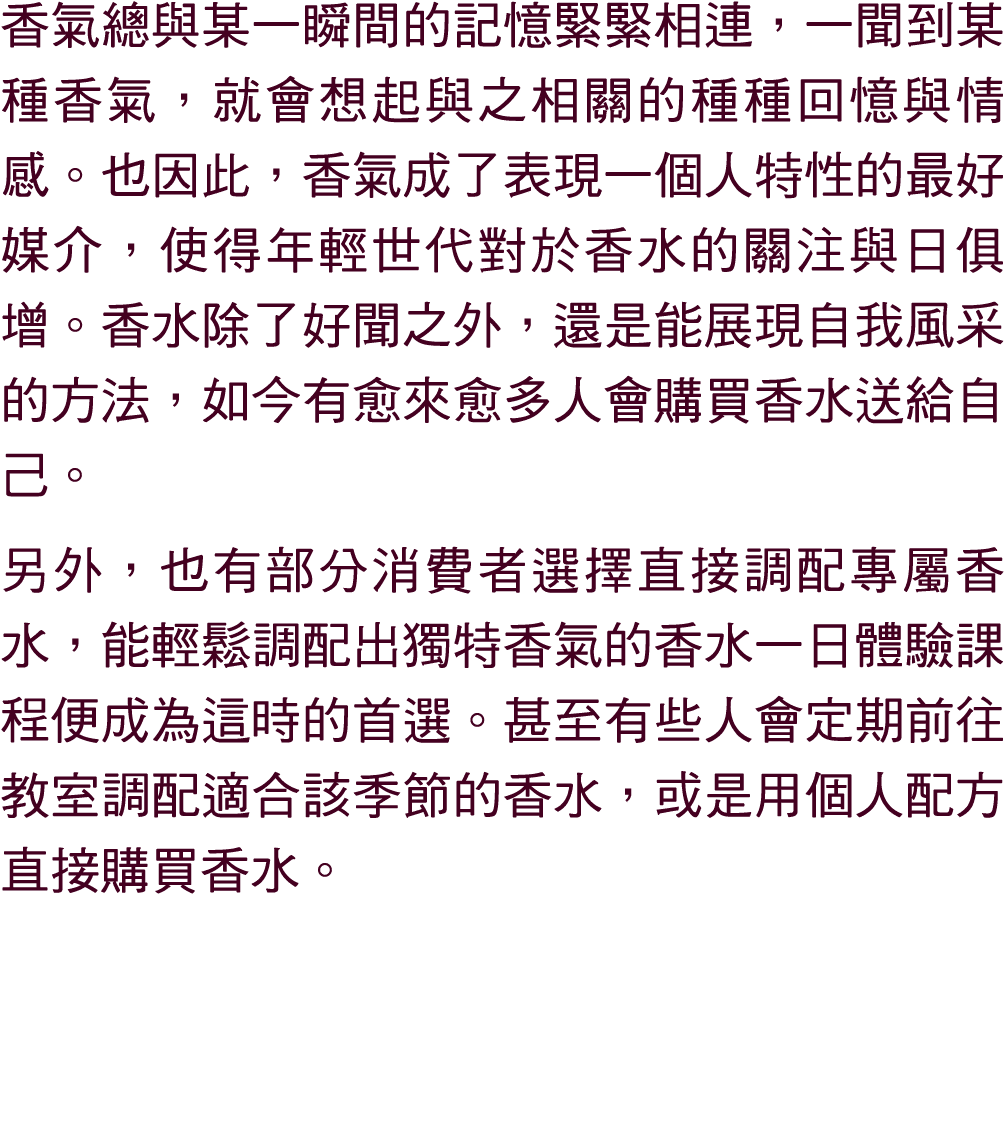 香氣總與某一瞬間的記憶緊緊相連，一聞到某種香氣，就會想起與之相關的種種回憶與情感。也因此，香氣成了表現一個人特性的最好媒介，使得年輕世代對於香水的關注與日俱增。香水除了好聞之外，還是能展現自我風采的方法，如今有愈來愈多人會購買香水送給...