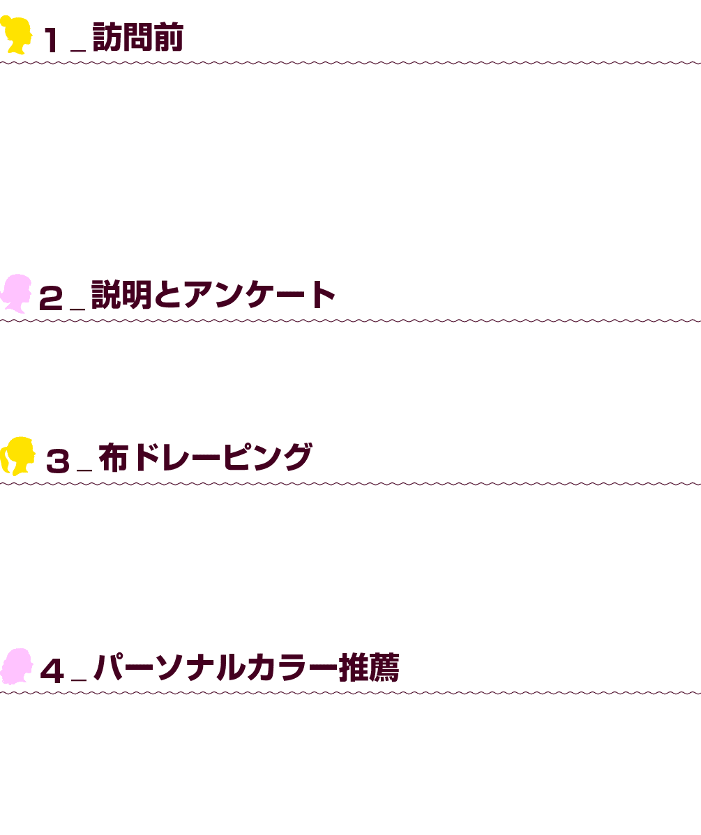 ￼1_訪問前 パーソナルカラー診断はノーメイクで行います。カラーレンズは診断に影響を及ぼす可能性があるので、透明レンズを着用します。体形診断のため、軽くて体のラインが分かる服を着ます。 ￼2_説明とアンケート 普段、服を着る時に好きな...