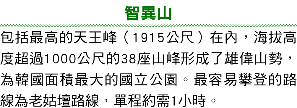 智異山 包括最高的天王峰（1915公尺）在內，海拔高度超過1000公尺的38座山峰形成了雄偉山勢，為韓國面積最大的國立公園。最容易攀登的路線為老姑壇路線，單程約需1小時。